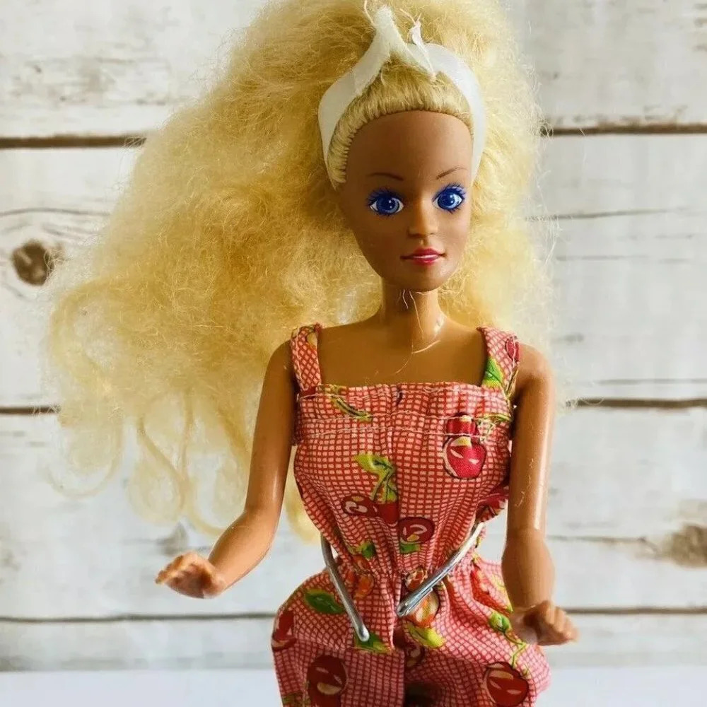 T.B.K. Blonde Hair Blue Eyes Cherry Romper Outfit 12" Tall Used - Picture 3 of 11